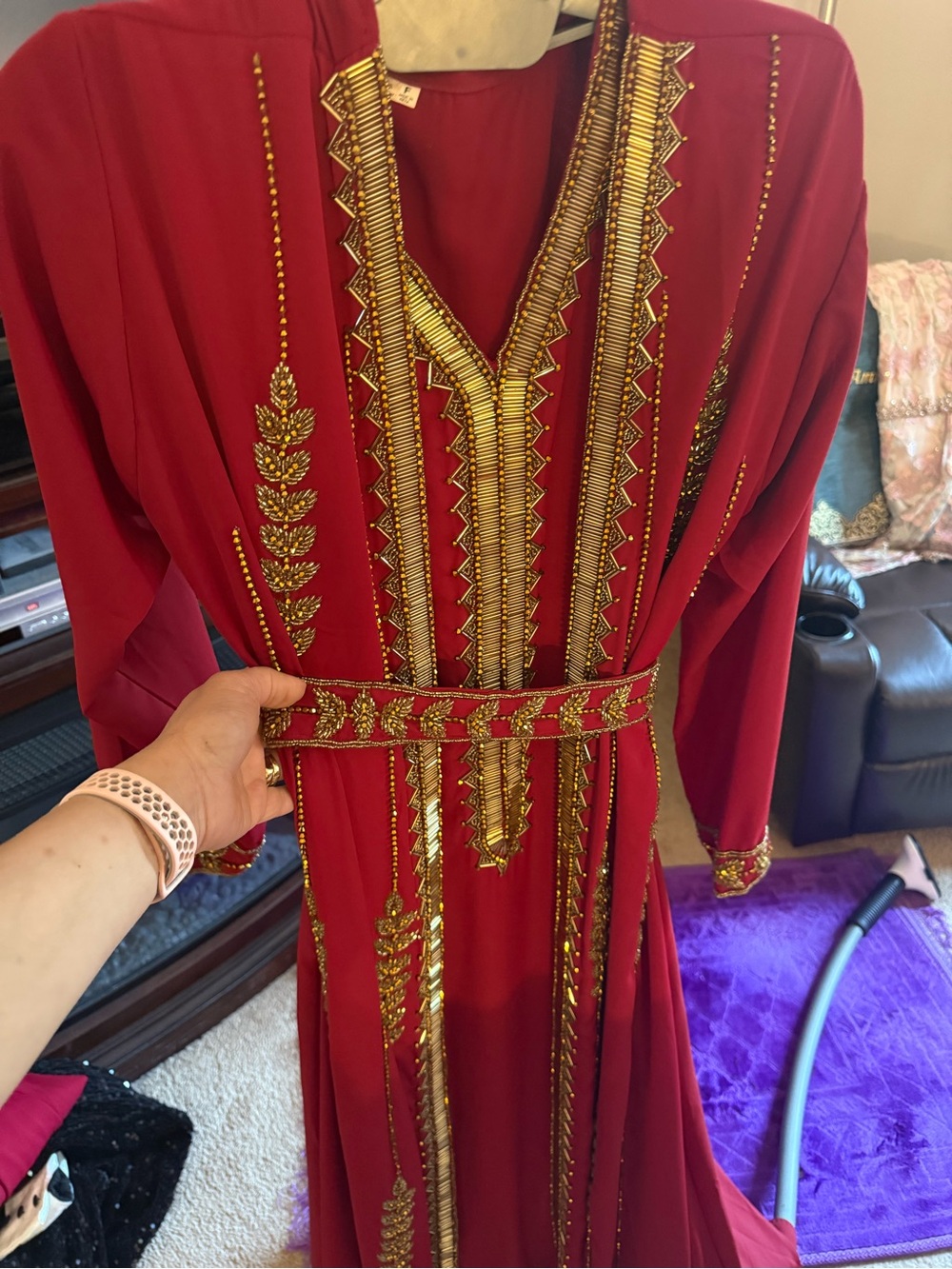 Red Long-Sleeve Maxi Dress with Gold Embellished Trim